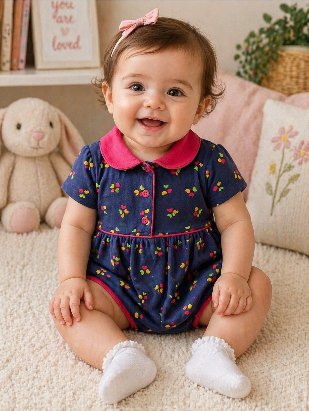 Vintage Okie Dokie Bubble Romper 12M Baby Girl‎ Navy Heart Print Pink Collar